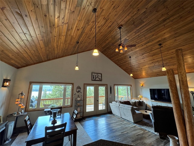 26 Castele Ln, Trout Creek, MT 59874 - dining space featuring vaulted ceiling, wooden ceiling, wood finished floors, french doors, and ceiling fan