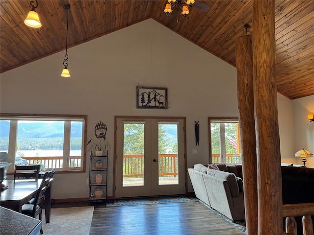 26 Castele Ln, Trout Creek, MT 59874 - dining space with wood finished floors, wood ceiling, french doors, high vaulted ceiling, and baseboards