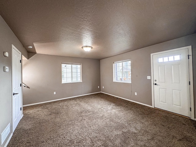 carpeted entrance foyer featuring plenty of natural light, baseboards, and a textured ceiling