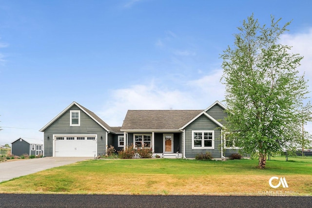 view of front of home featuring concrete driveway, a front yard, a garage, and a porch