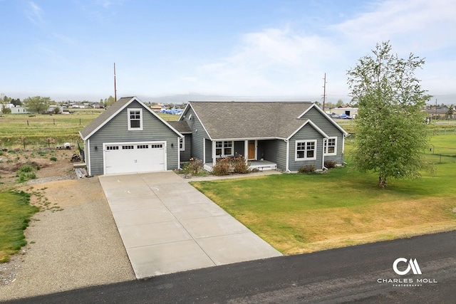 view of front of house with a garage, driveway, a front lawn, roof with shingles, and a porch