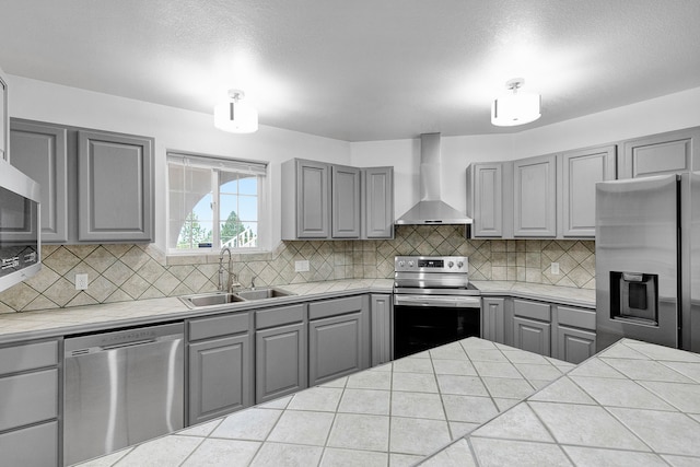 2965 Terrace Dr, Missoula, MT 59803 - kitchen with wall chimney exhaust hood, gray cabinetry, stainless steel appliances, a sink, and decorative backsplash