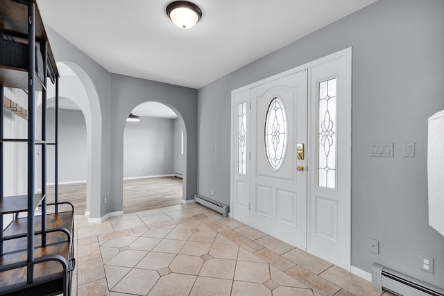2965 Terrace Dr, Missoula, MT 59803 - entrance foyer featuring a baseboard radiator, light tile patterned floors, arched walkways, and baseboards