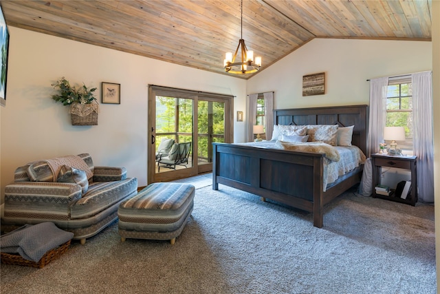 25 Hodge Rdg, Kila, MT 59920 - carpeted bedroom featuring wood ceiling, access to outside, vaulted ceiling, and a chandelier