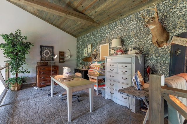 25 Hodge Rdg, Kila, MT 59920 - carpeted office space featuring wooden ceiling, baseboards, and wallpapered walls