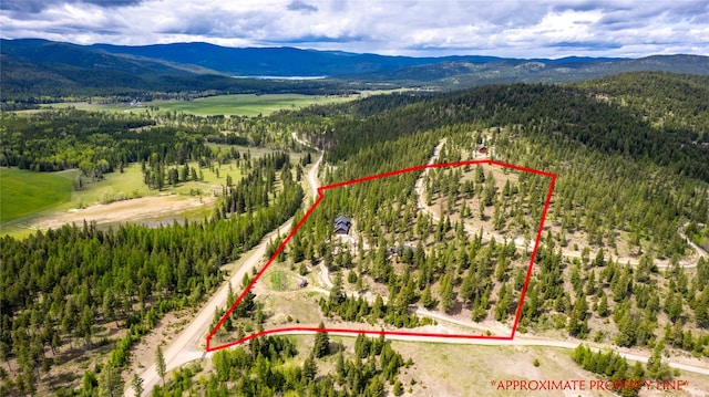25 Hodge Rdg, Kila, MT 59920 - aerial overview of property's location featuring mountains, a heavily wooded area, and property parcel outlined