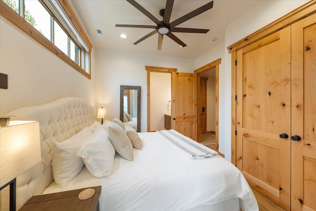 bedroom with recessed lighting and ceiling fan