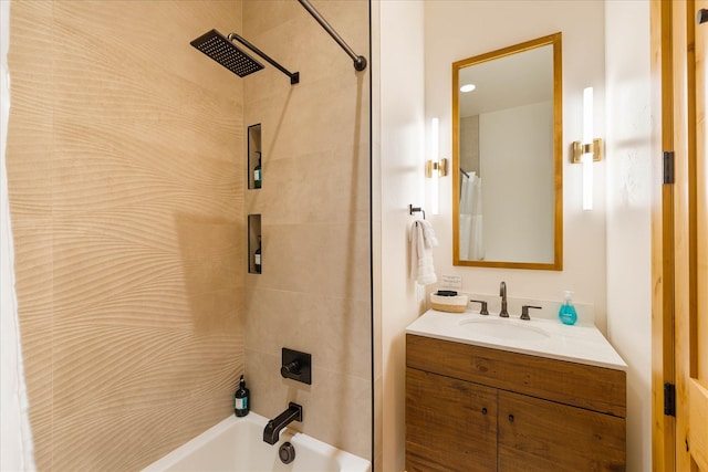 bathroom with shower / bath combo with shower curtain and vanity