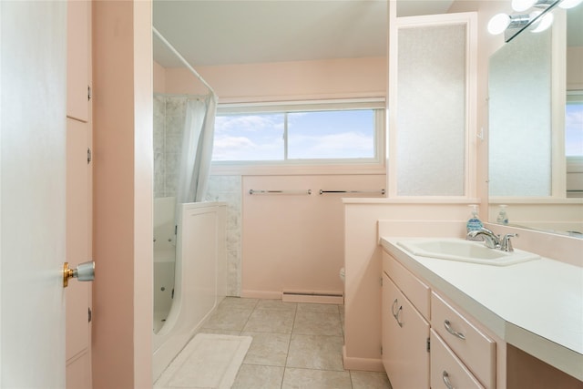 bathroom with shower / tub combo with curtain, baseboard heating, tile patterned flooring, toilet, and vanity