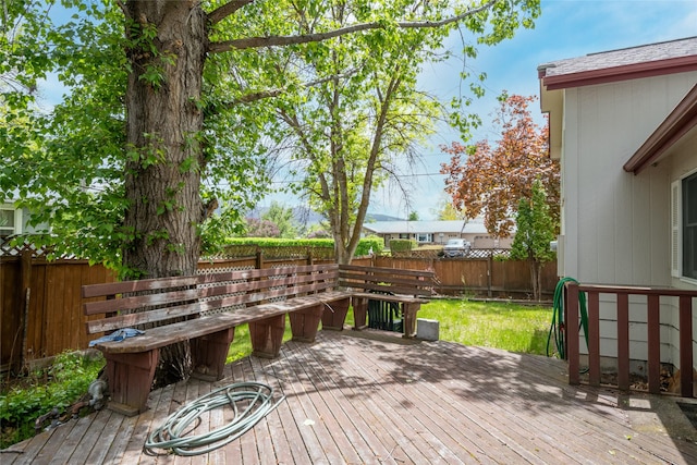 wooden deck with a fenced backyard