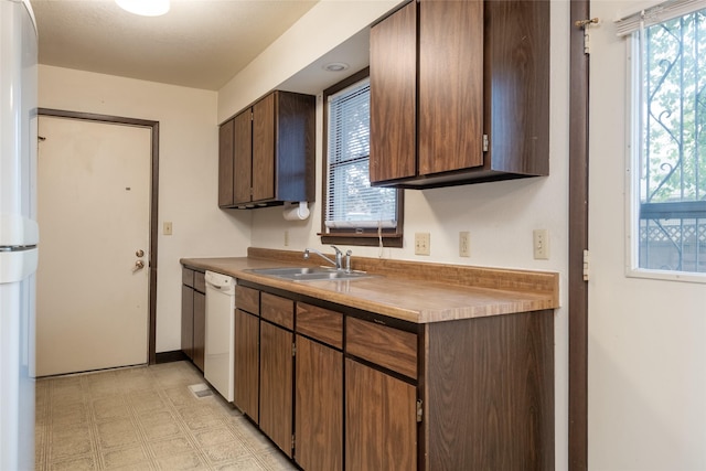 kitchen featuring a sink, white dishwasher, plenty of natural light, and light flooring