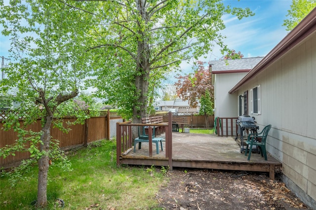 fenced backyard featuring a deck