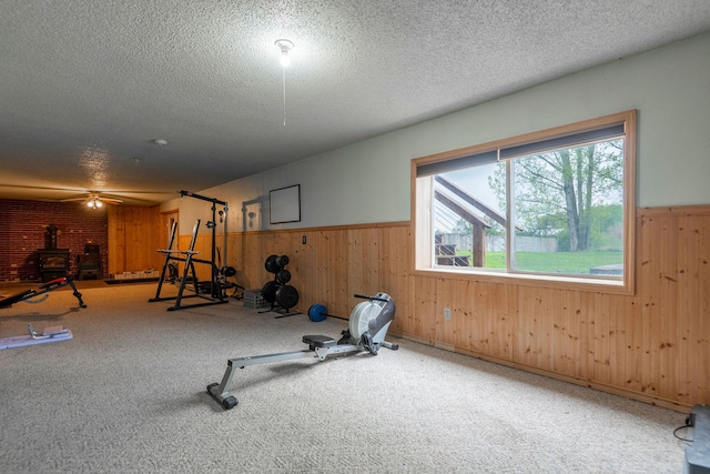 4 Rocky Mountain Dr, Whitehall, MT 59759 - exercise room with a wood stove, wainscoting, wood walls, a textured ceiling, and carpet floors