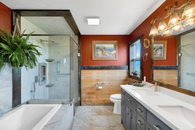 551 Fox Meadow Ln, Hamilton, MT 59840 - full bath with a shower stall, a bath, toilet, double vanity, and a wainscoted wall