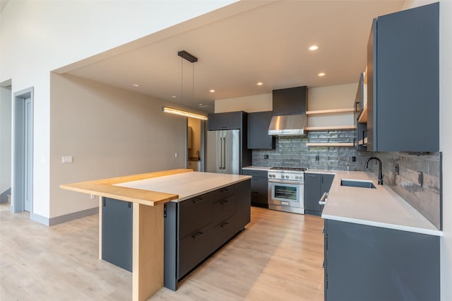 968 Colorado Ave Unit A, Whitefish, MT 59937 - kitchen with a sink, high end appliances, extractor fan, open shelves, and tasteful backsplash