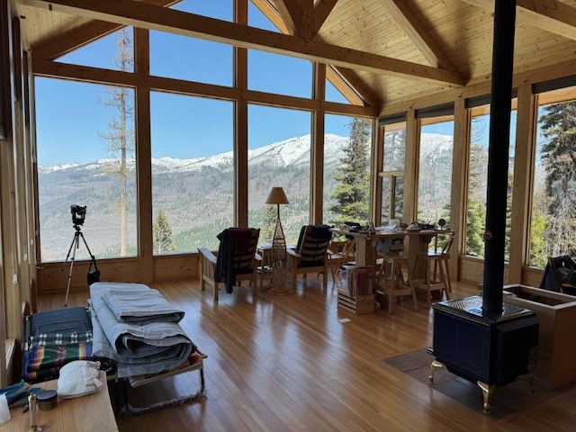 sunroom / solarium featuring a wood stove and a mountain view