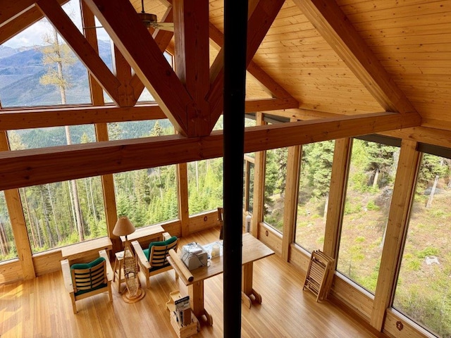sunroom featuring wood finished floors and wood ceiling