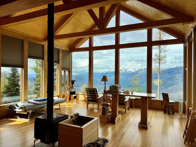 sunroom with a mountain view