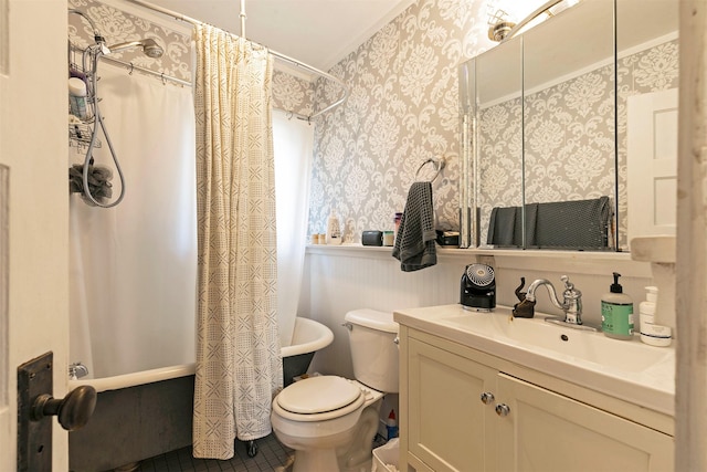 2112 W Central Ave, Missoula, MT 59801 - bathroom with toilet, shower / bath combo with shower curtain, wallpapered walls, and vanity