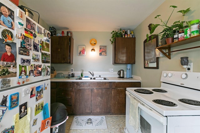 2112 W Central Ave, Missoula, MT 59801 - kitchen featuring white appliances, a sink, dark brown cabinetry, light countertops, and open shelves