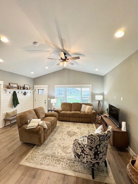 3975 Jaycee Ct Unit B, East Helena, MT 59635 - living room featuring wood finished floors, lofted ceiling, ceiling fan, baseboards, and recessed lighting