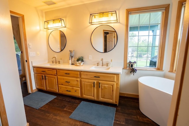 full bathroom featuring wood finished floors, double vanity, and a freestanding tub