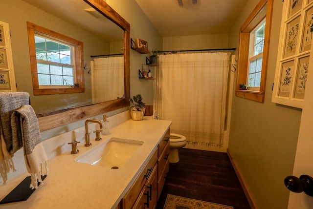 full bath with wood finished floors, vanity, toilet, and baseboards