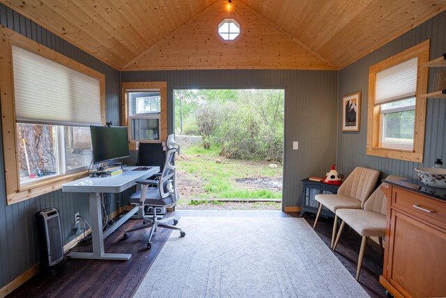 home office featuring lofted ceiling, dark wood-style floors, wood walls, and wooden ceiling