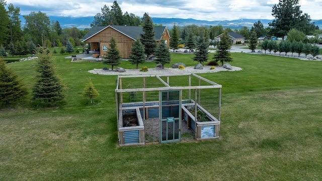 view of property's community with a vegetable garden, a yard, and a mountain view