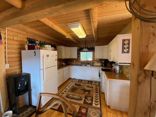 8807 W Fork Rd, Darby, MT 59829 - kitchen with white appliances, wood ceiling, light wood-style flooring, beam ceiling, and white cabinets