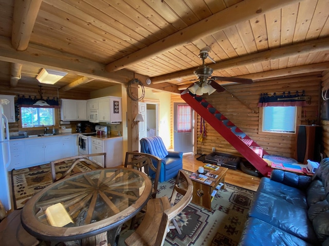 8807 W Fork Rd, Darby, MT 59829 - dining area with wood finished floors, wood ceiling, ceiling fan, and beamed ceiling