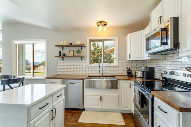 kitchen featuring appliances with stainless steel finishes, butcher block countertops, a sink, decorative backsplash, and dark wood finished floors