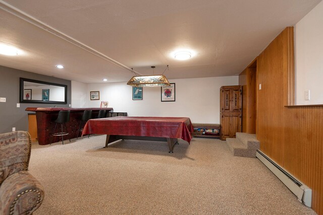500 Geddis St, Helena, MT 59601 - rec room with a baseboard radiator, carpet, billiards table, recessed lighting, and wood walls