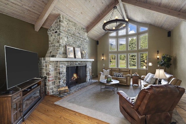 215 Browns Gulch Rd, Kalispell, MT 59901 - living area featuring wood-type flooring, a chandelier, a stone fireplace, high vaulted ceiling, and wooden ceiling with exposed beams