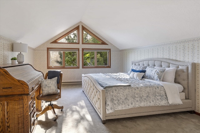 215 Browns Gulch Rd, Kalispell, MT 59901 - carpeted bedroom with wallpapered walls, baseboard heating, and vaulted ceiling
