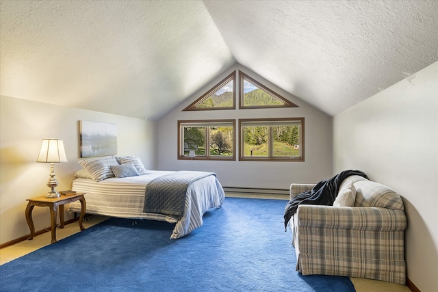 215 Browns Gulch Rd, Kalispell, MT 59901 - bedroom featuring a textured ceiling, carpet flooring, lofted ceiling, a baseboard heating unit, and baseboards