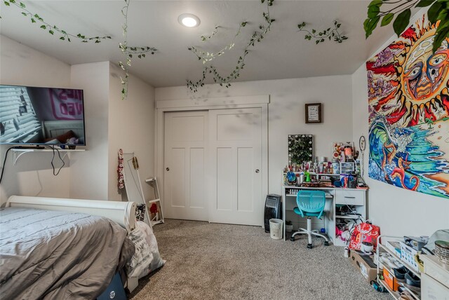 bedroom with carpet flooring and a closet