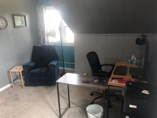 330 2nd St S, Shelby, MT 59474 - carpeted office with baseboards, wood walls, and lofted ceiling