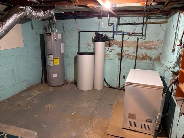 330 2nd St S, Shelby, MT 59474 - unfinished basement with electric water heater, a water softener, and refrigerator