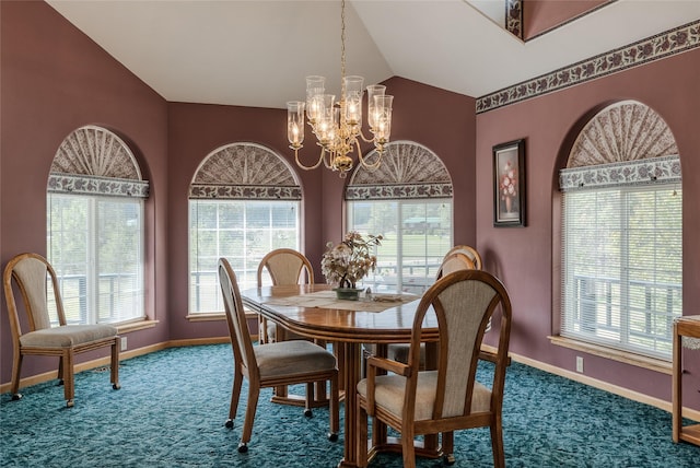 527 Grande Vista Dr, Kalispell, MT 59901 - dining area with carpet, vaulted ceiling, a chandelier, plenty of natural light, and baseboards
