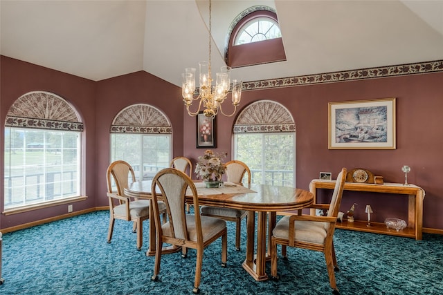 527 Grande Vista Dr, Kalispell, MT 59901 - carpeted dining space featuring a chandelier, lofted ceiling, and baseboards