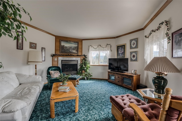 527 Grande Vista Dr, Kalispell, MT 59901 - carpeted living area with crown molding, a tile fireplace, and baseboards