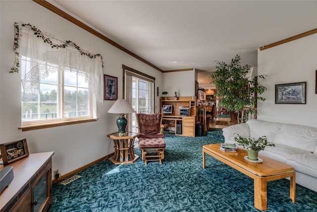 527 Grande Vista Dr, Kalispell, MT 59901 - living area with crown molding, carpet, and baseboards