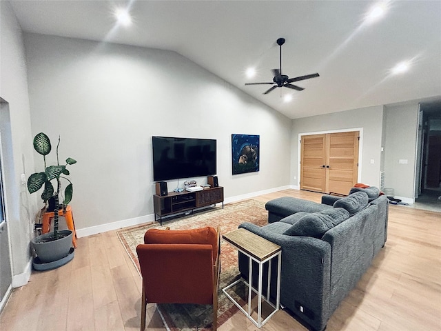 687 Road Runner St Unit B, Helena, MT 59602 - living room featuring ceiling fan, light wood-style flooring, baseboards, and high vaulted ceiling