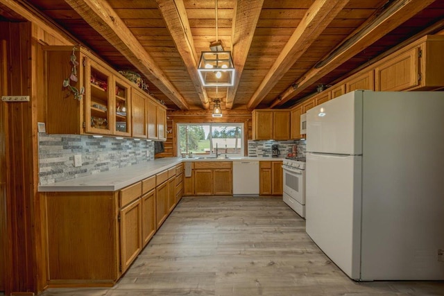 6470 US Highway 93 S, Eureka, MT 59917 - kitchen with white appliances, wood ceiling, backsplash, light countertops, and light wood-style floors