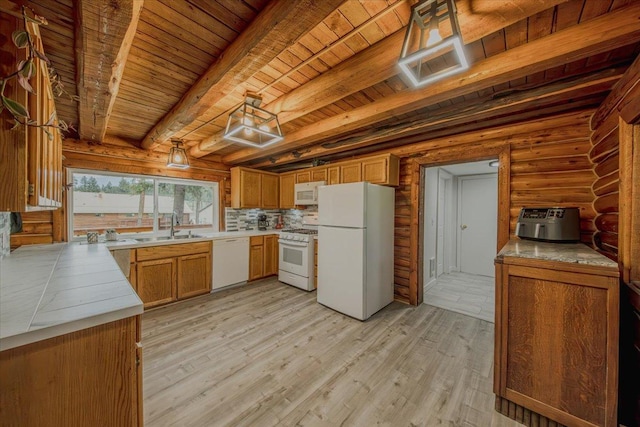 6470 US Highway 93 S, Eureka, MT 59917 - kitchen featuring white appliances, a wooden ceiling with exposed beams, light countertops, light wood-type flooring, and log walls