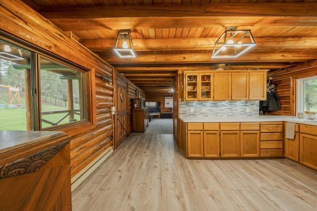 6470 US Highway 93 S, Eureka, MT 59917 - kitchen featuring log walls, a wooden ceiling with exposed beams, light wood-type flooring, light countertops, and glass insert cabinets