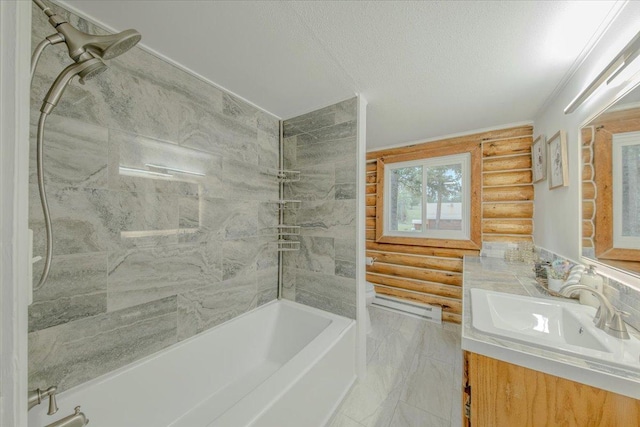 6470 US Highway 93 S, Eureka, MT 59917 - bathroom featuring log walls, vanity, tub / shower combination, and a textured ceiling