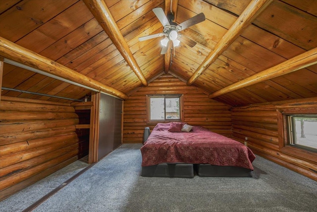 6470 US Highway 93 S, Eureka, MT 59917 - carpeted bedroom with wooden ceiling, rustic walls, and vaulted ceiling