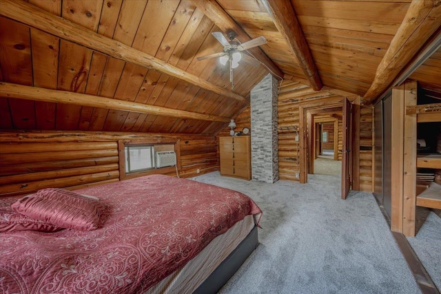 6470 US Highway 93 S, Eureka, MT 59917 - carpeted bedroom featuring log walls, wooden ceiling, and a wall mounted air conditioner